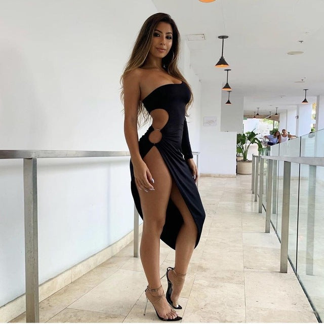 One Shoulder Side Slit Bodycon Midi Dress