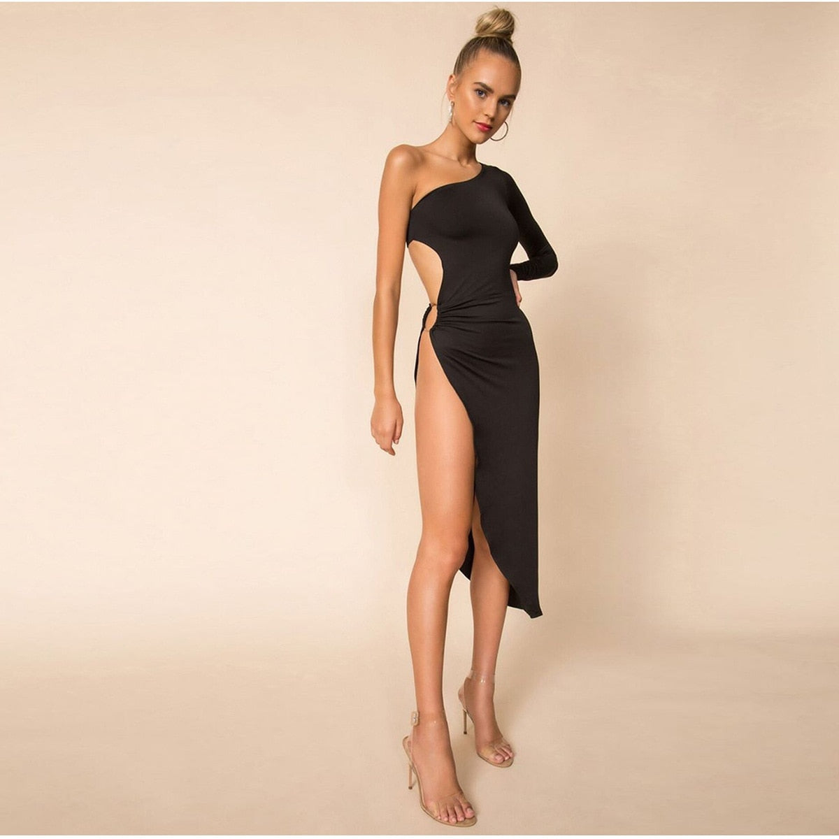 One Shoulder Side Slit Bodycon Midi Dress