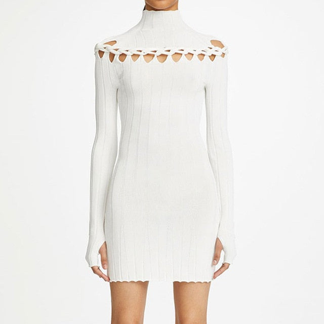 Ribbed Braided Turtleneck Mini Dress
