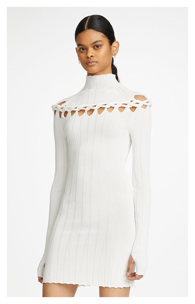 Ribbed Braided Turtleneck Mini Dress
