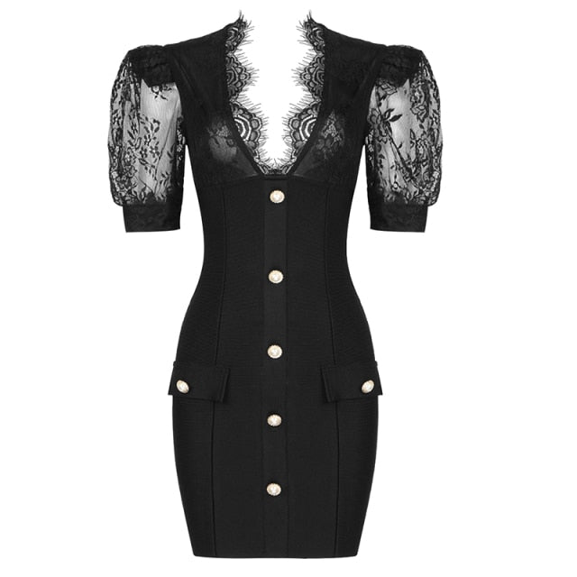 Black Lace Puff Sleeve Bandage Dress