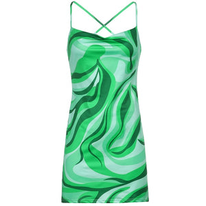 Green Abstract Print Cowl Neck Mini Slip Dress