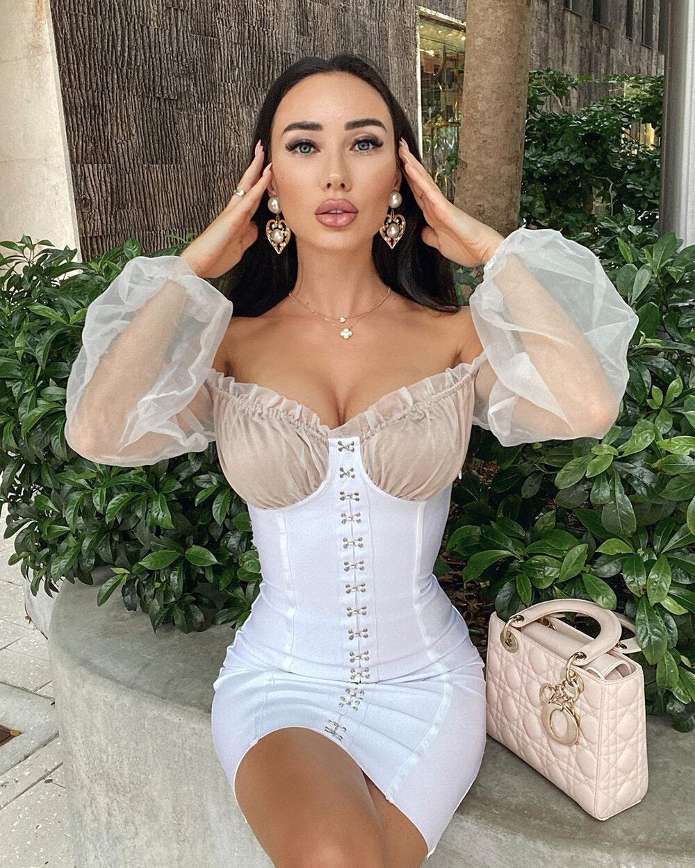 White Bardot Puff Sleeve Bandage Mini Dress