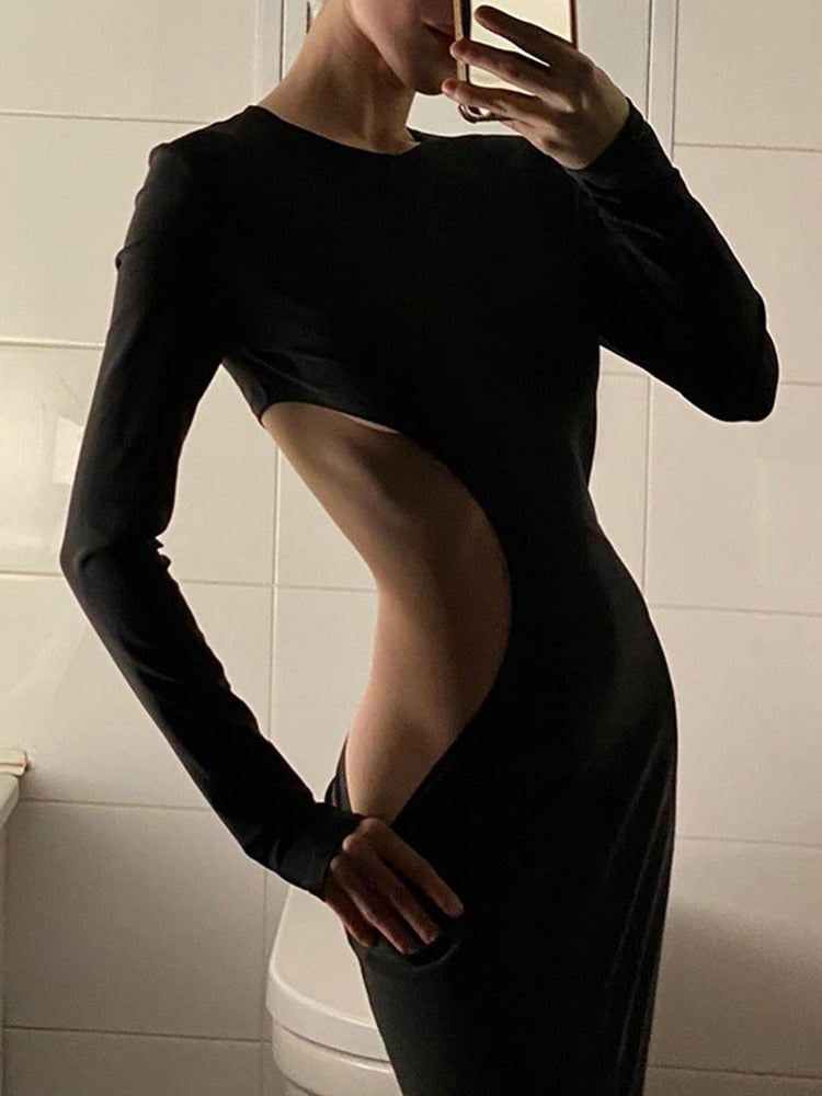 Black Cut Out Open Back Long Sleeve Midi Dress