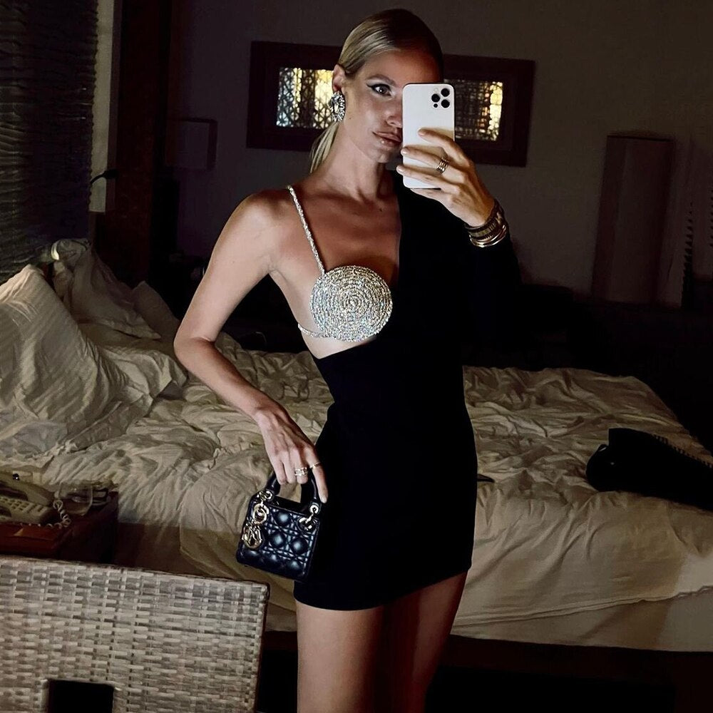 Black Diamante Cup One Shoulder Long Sleeve Bodycon Dress