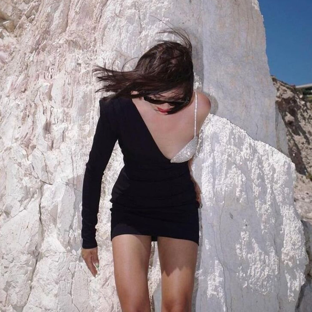 Black Diamante Cup One Shoulder Long Sleeve Bodycon Dress