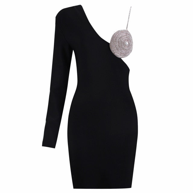 Black Diamante Cup One Shoulder Long Sleeve Bodycon Dress