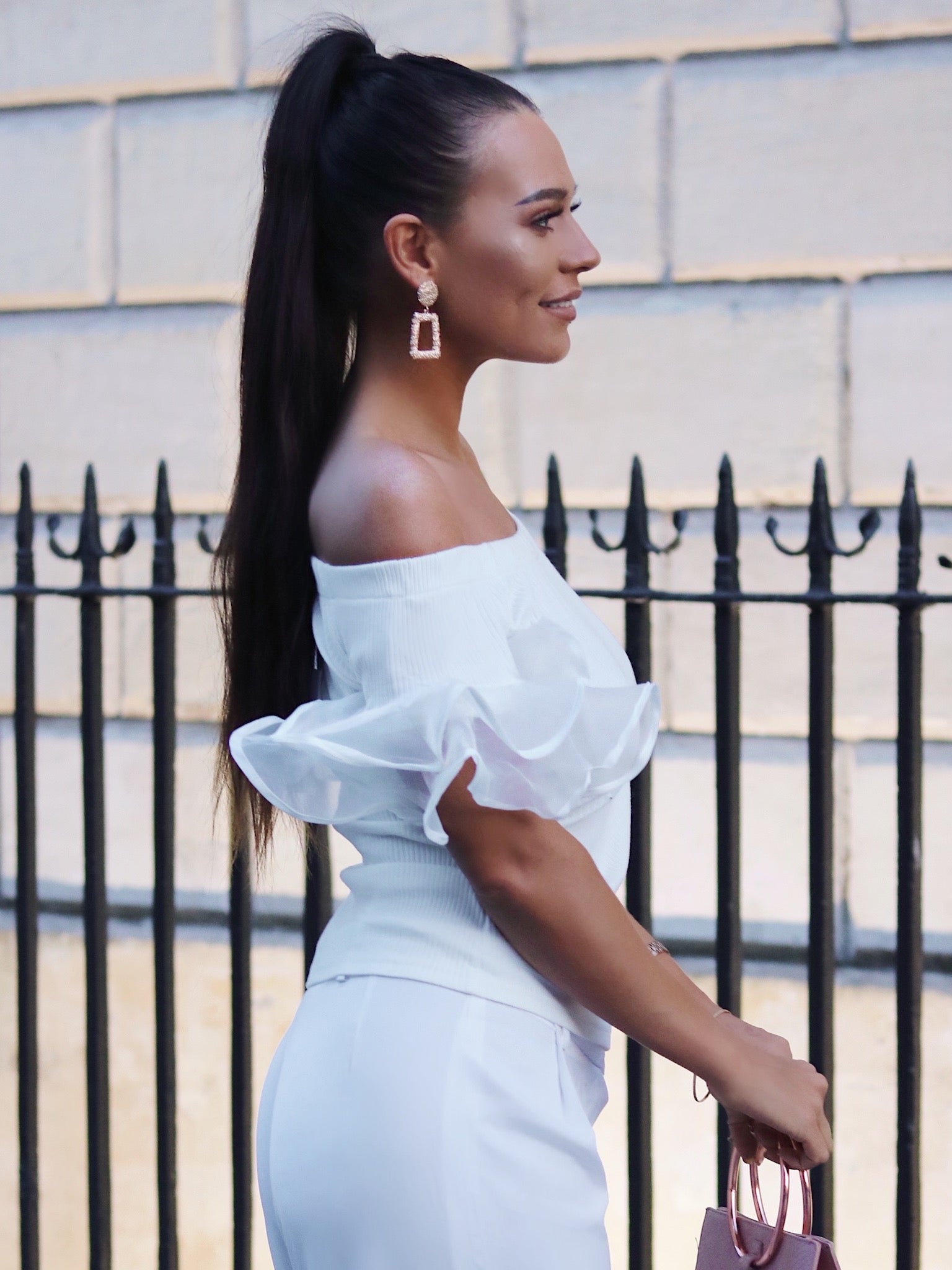 White Off Shoulder Frill Sleeve Top
